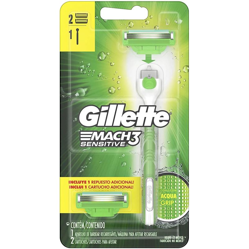 Aparelho de Barbear Gillette Mach3 Acqua Grip Sensitive + 2 Cargas