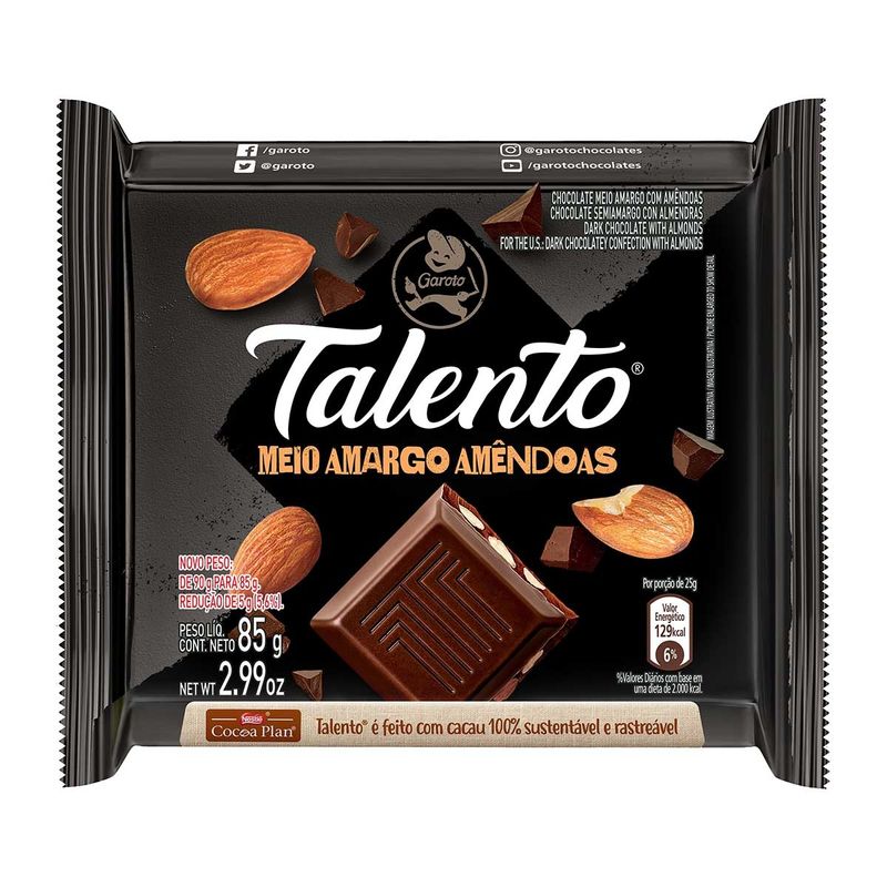 Barra de Chocolate Talento Meio Amargo e Amêndoas - 85g