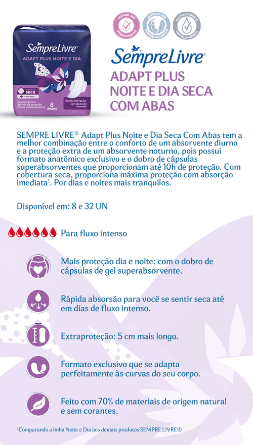 Absorvente Sempre Livre Adapt Plus Noite e Dia Com Abas - 8 uni