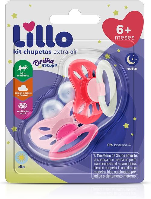 Kit de Chupeta Anatômica Extra Air Dia e Noite 6+ Meses Rosa - Lillo
