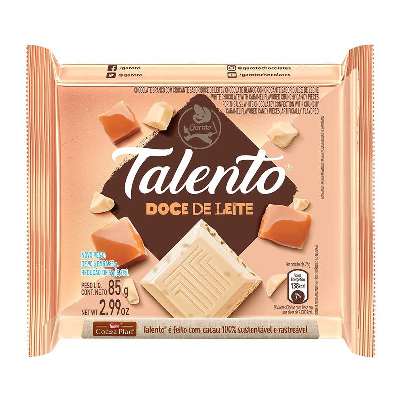 Barra de Chocolate Talento Branco Doce de Leite - 85g