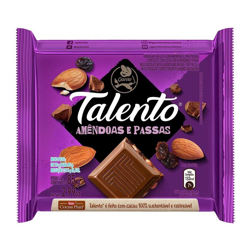 Barra de Chocolate Talento Amêndoas e Passas - 85g