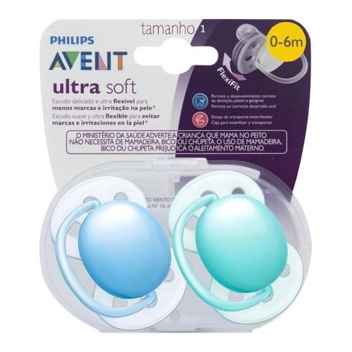 Chupeta Ultra Soft 0-6 Meses Dupla Azul e Verde Lisa - Philips Avent