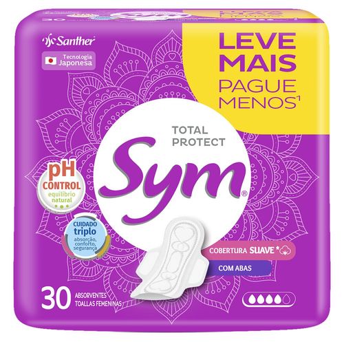 Absorvente Sym Cobertura Suave C/ Abas - 30 uni