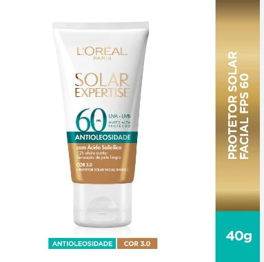 Protetor Solar Facial L'Oréal Expertise Antioleosidade 40g FPS60 - Cor 3.0 Médio