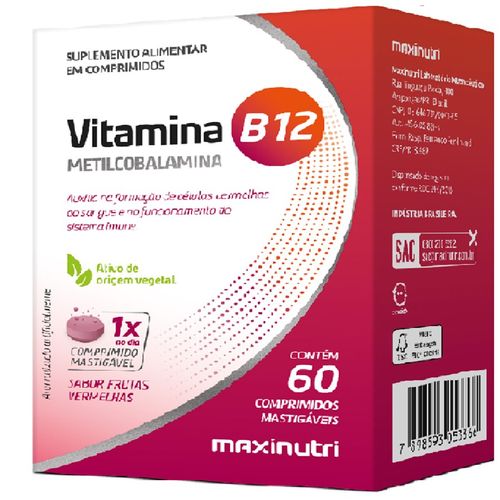 Vitamina B12 com 60 Comprimidos Mastigáveis - MaxiNutri