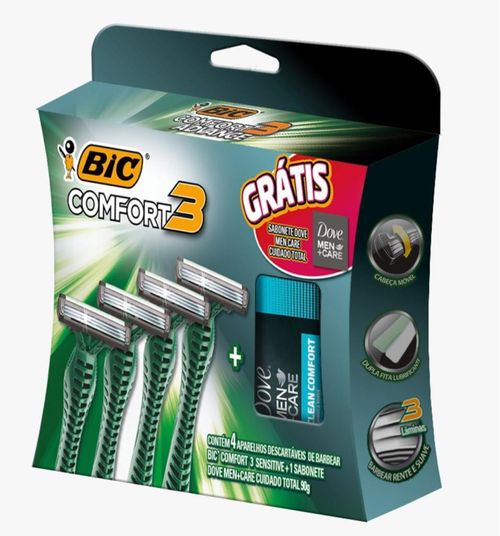 Aparelho de Barbear Bic Comfort com 4 Unidades + Sabonete Dove