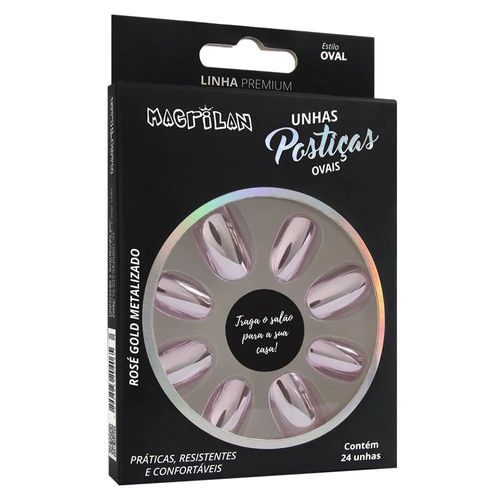 Unhas Postiças Macrilan Ovais Rose Gold - com 24 Unidades