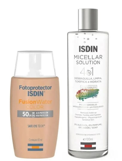 Kit Isdin Protetor Solar Fusion Water Cor Média FPS50 50ml + 14,90 Isdin Micellar Solution 400ml