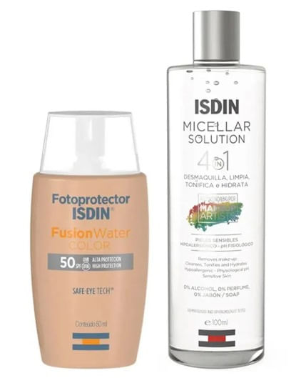 Kit Isdin Protetor Solar Fusion Water Cor Clara FPS50 50ml + 14,90 Isdin Micellar Solution 400ml