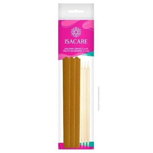 Kit 3 Lixas Unha + 3 Palitos Madeira - Isacare