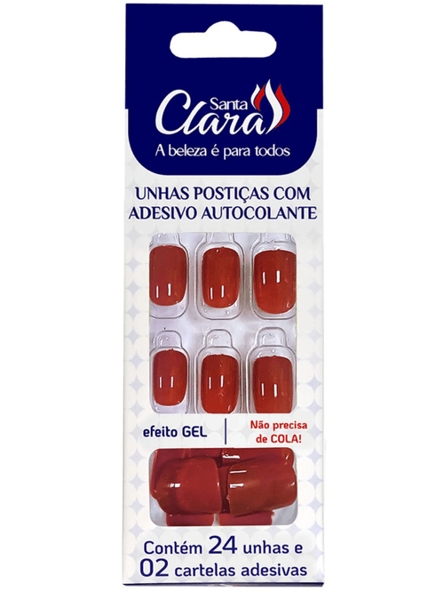 Unhas Postiças Autocolantes Efeito Gel Vermelha 24un + 2 Cartelas Adesivas