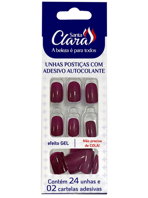 Unhas Postiças Autocolantes Efeito Gel Vinho 24un + 2 Cartelas Adesivas