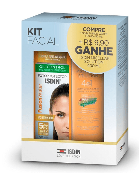 Kit Isdin Protetor Solar Fusion Water Sem Cor FPS50 50ml + 14,90 Isdin Micellar Solution 400ml