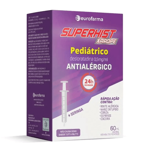 Superhist 0,5mg/mL, caixa com 1 Frasco com 60mL de xarope + seringa dosadora + adaptador de frasco