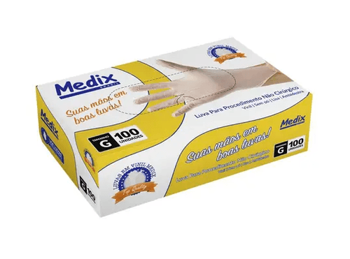 Luva de Vinil Medix Sem Pó - Tamanho G - 100 Unidades