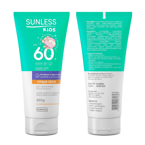 Protetor Solar em Creme Farmax Sunless Kids com FPS 60 200g