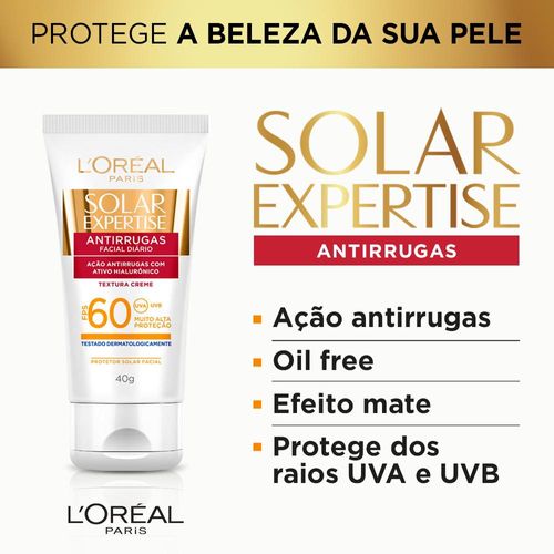 Protetor Solar Facial em Creme L'Oréal Paris Solar Expertise com Ácido Hialurônico FPS 60 40g