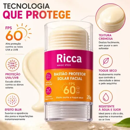 Protetor Solar Facial em Stick Ricca com FPS 60 20g