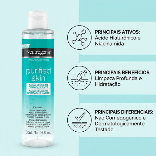 Água Micelar Neutrogena Purified Skin com Tecnologia Tripla Micelar 200ml
