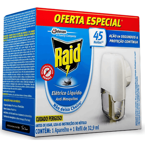 Repelente Elétrico Raid 45 Noites Aparelho + Refil Líquido 32,9Ml