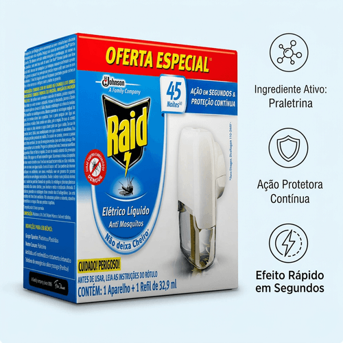 Repelente Elétrico Raid 45 Noites Aparelho + Refil Líquido 32,9Ml