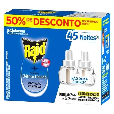Repelente Elétrico Raid Refil 45 Noites com 2 unidades de 32,9ml