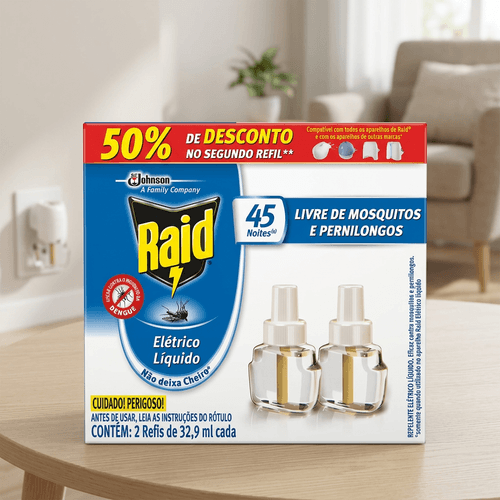 Repelente Elétrico Raid Refil 45 Noites com 2 unidades de 32,9ml