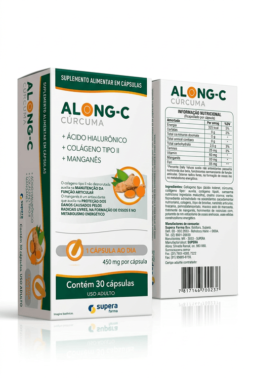 Suplemento Alimentar Supera Along-C Cúrcuma Ácido Hialurônico Colágeno II 30 Cápsulas