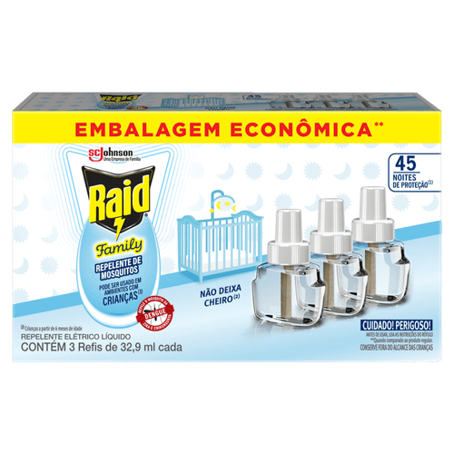 Refil Repelente Elétrico Raid Family com 3 Unidades 98,7ml
