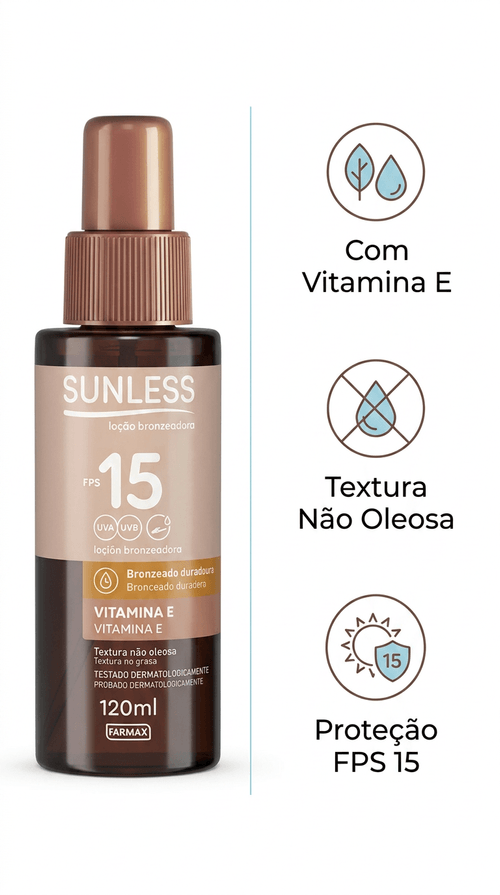 Bronzeador Spray Farmax Sunless com vitamina E e FPS 15 120ml