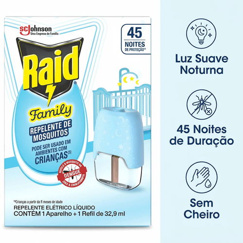 Kit Repelente Elétrico Raid Family 45 Noites Aparelho + Refil com 32,9ml