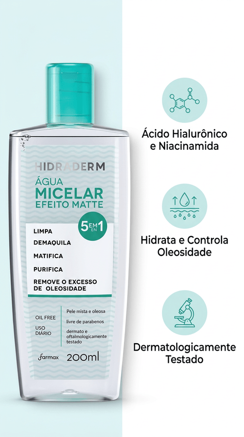 Água Micelar Farmax Hidraderm com Efeito Matte 5 em 1 200ml