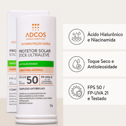 Protetor Solar em Stick Adcos Ultra Leve cor Nude com FPS 50 12g