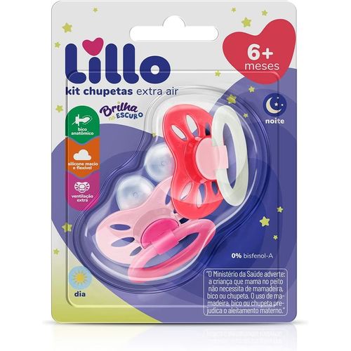 Chupeta Lillo Extra Air Dia e Noite 6+ Meses Rosa 2 Unidades