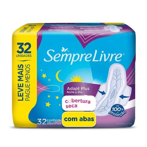 Absorvente Sempre Livre Adapt Cobertura Seca com Abas 32 Unidades
