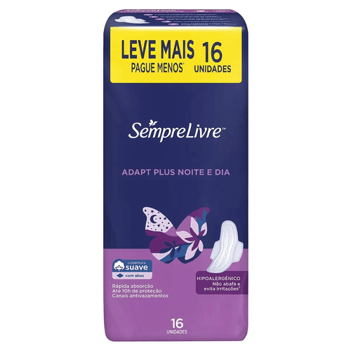 Absorvente Sempre Livre Adapt Plus Noite e Dia Suave com Abas 16 Unidades