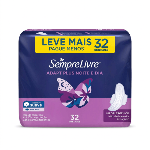Absorvente Sempre Livre Adapt Plus Dia e Noite Suave com Abas 32 Unidades