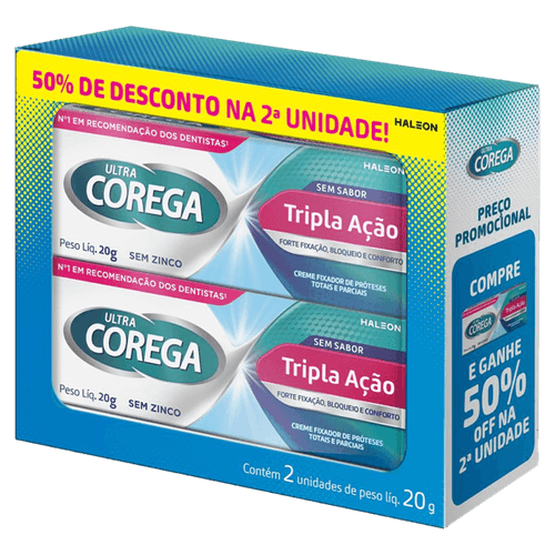 Kit Creme Fixador de Dentaduras Corega Ultra Sem Sabor 2 Unidades 68g
