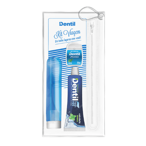 Kit Higiene Bucal Viagem Dentil Gel Fresh Mint + Fio Dental + Escova Dental Cor Azul 3 Itens