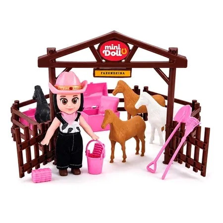 Brinquedo Infantil Boneca Mini Doll Fazendeira com Acessórios 18 Peças