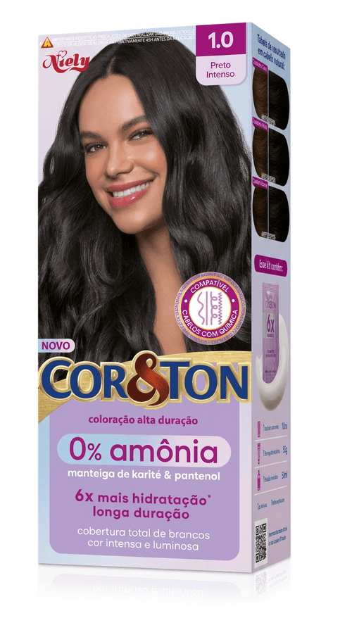 Tintura de Cabelo Niely Cor&Ton 0% Amônia Cor 1.0 Preto Intenso 110g