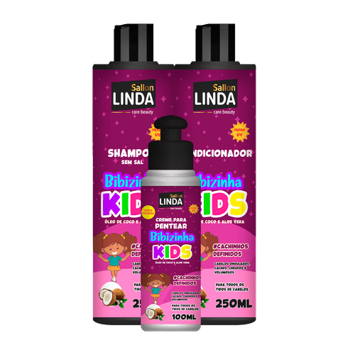 Kit Sallon Linda Bibizinha Kids Shampoo 250ml + Condicionador 250ml + Creme de Pentear 100ml
