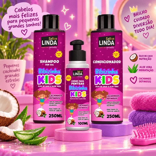 Kit Sallon Linda Bibizinha Kids Shampoo 250ml + Condicionador 250ml + Creme de Pentear 100ml
