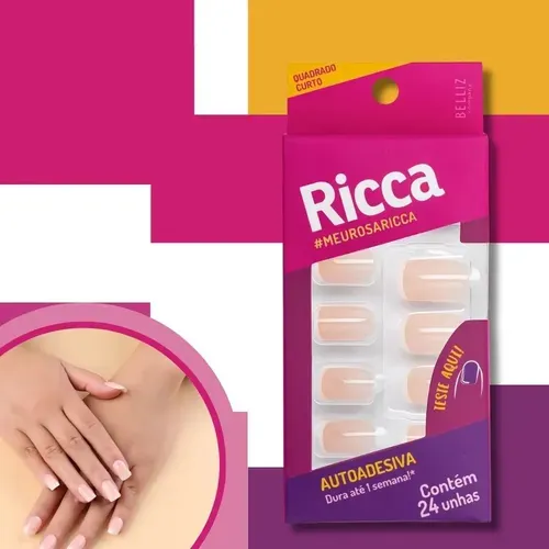 Unhas Postiças Ricca Stick & Go Cor Francesinha Nude 24 Unidades