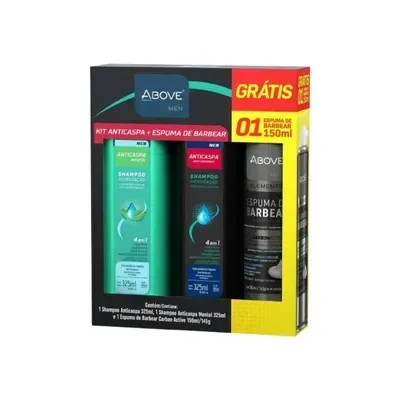 Kit Above Men Anticaspa Shampoo Mentol 325ml + Shampoo Anticaspa 325ml + Espuma de Barbear 150ml