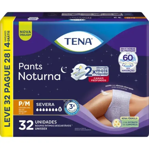Roupa Íntima Descartável Tena Pants Noturna Tamanho P/M 32 Unidades